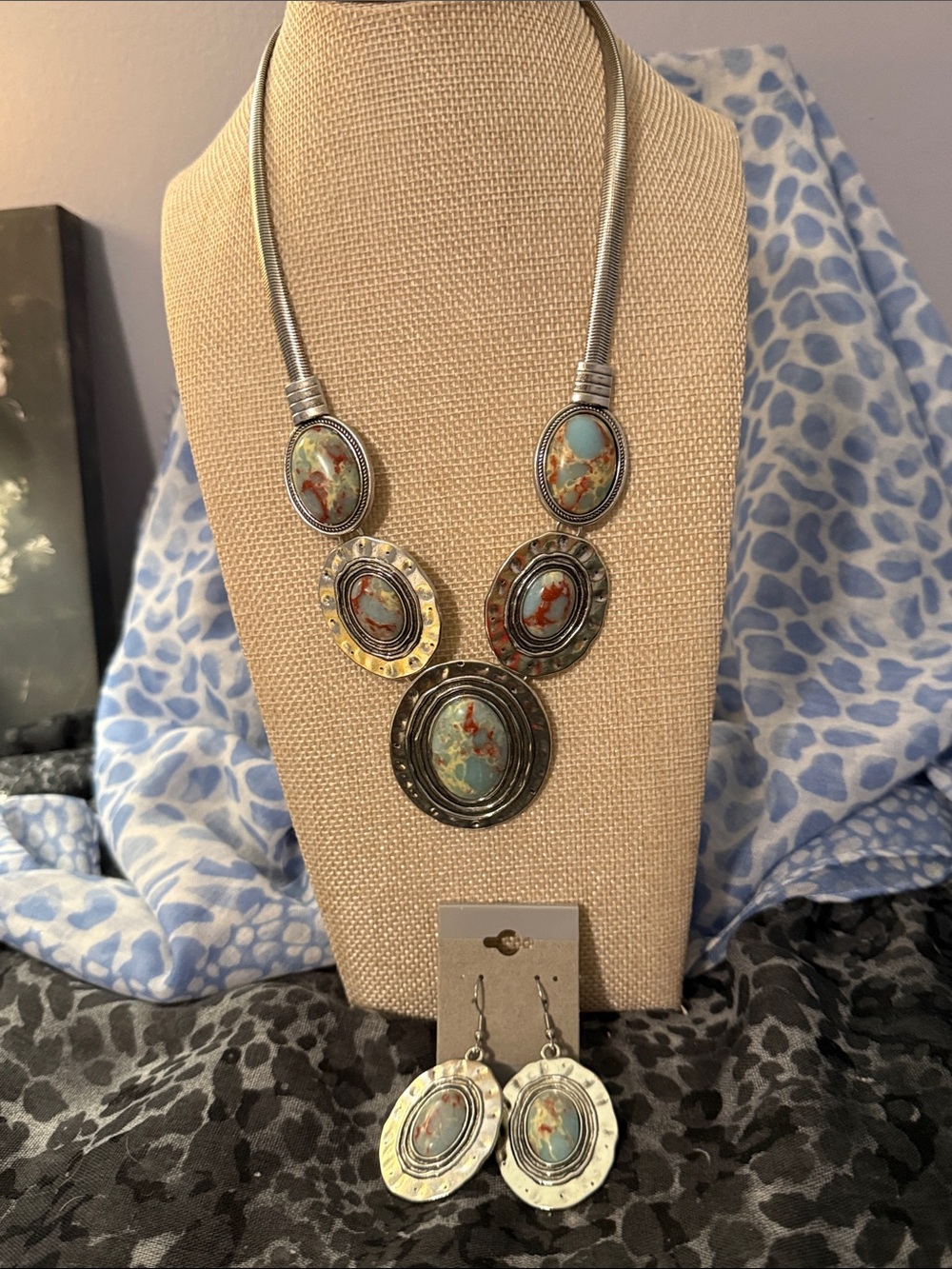 Silver-Tone Turquoise Accent Statement Necklace and Earring Set